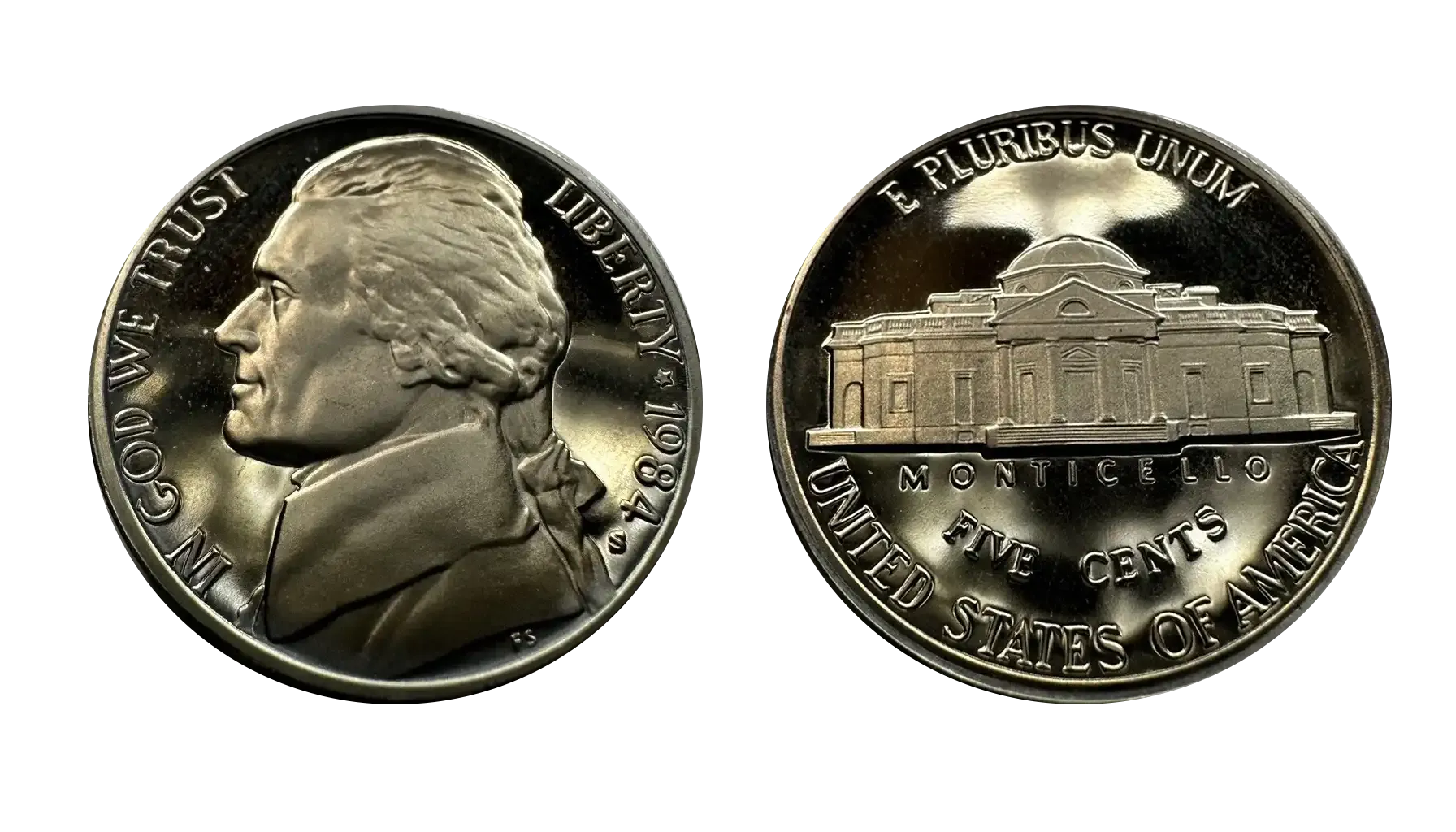 Comparison of 1984 Jefferson nickel reverse showing weak steps (common) versus Full Steps designation (valuable)